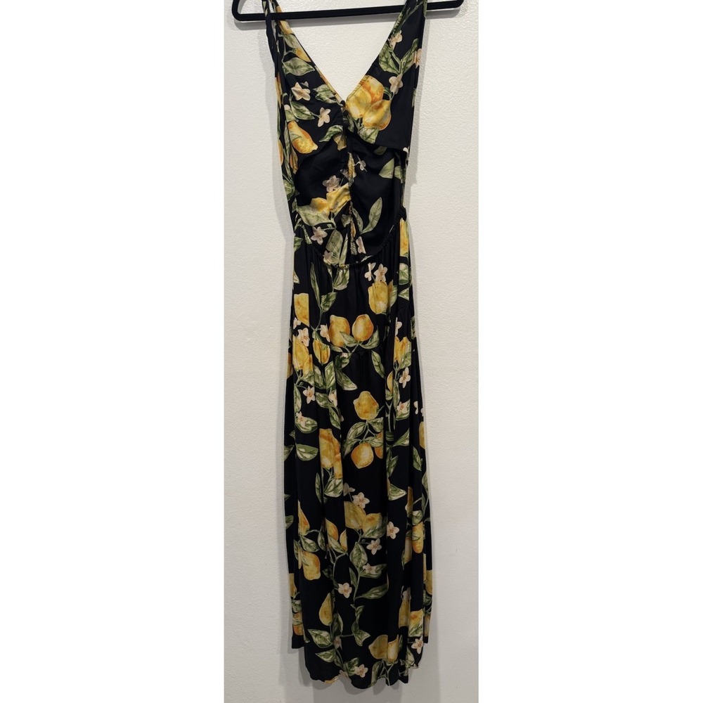 ASOS Design Twist Strap Midi Lemon Print Dress Size 6 Open Back Ruched Bodice - Picture 4 of 14
